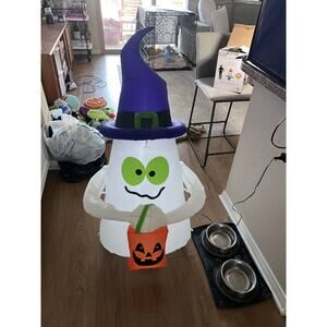Halloween 42" Inflatable Ghost Door Greeter w/ Treat Bag and Witch Hat - WORKS!